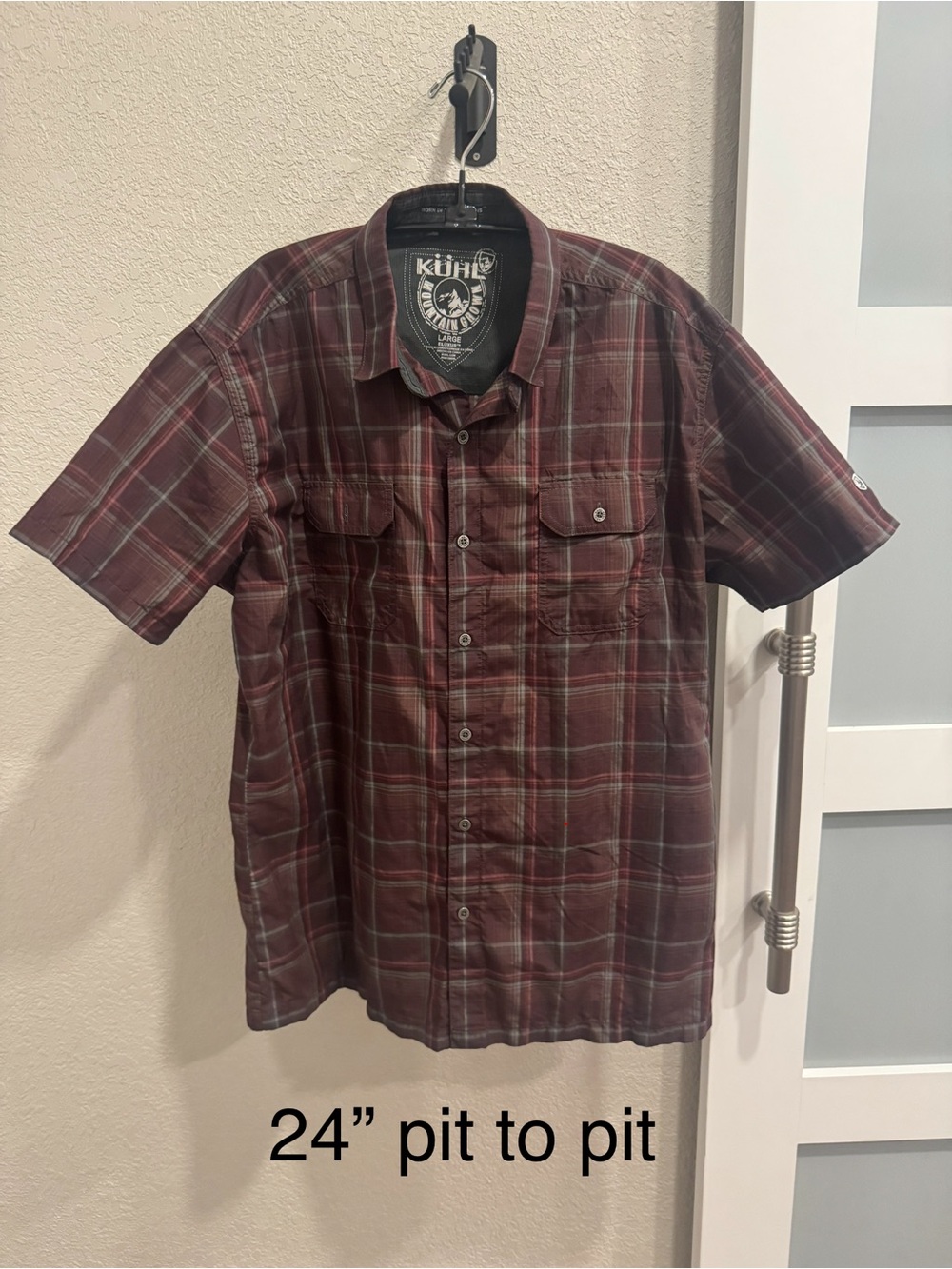 Kuhl Men’s Short Sleeve Plaid Shirt - Burgundy size Large